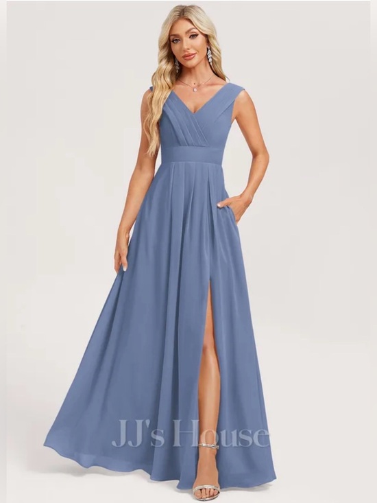 JJs House Dresses & Skirts - JJs House Yamara Slate Blue A-line Chiffon Maxi Dress Custom Sizing NWT Wedding